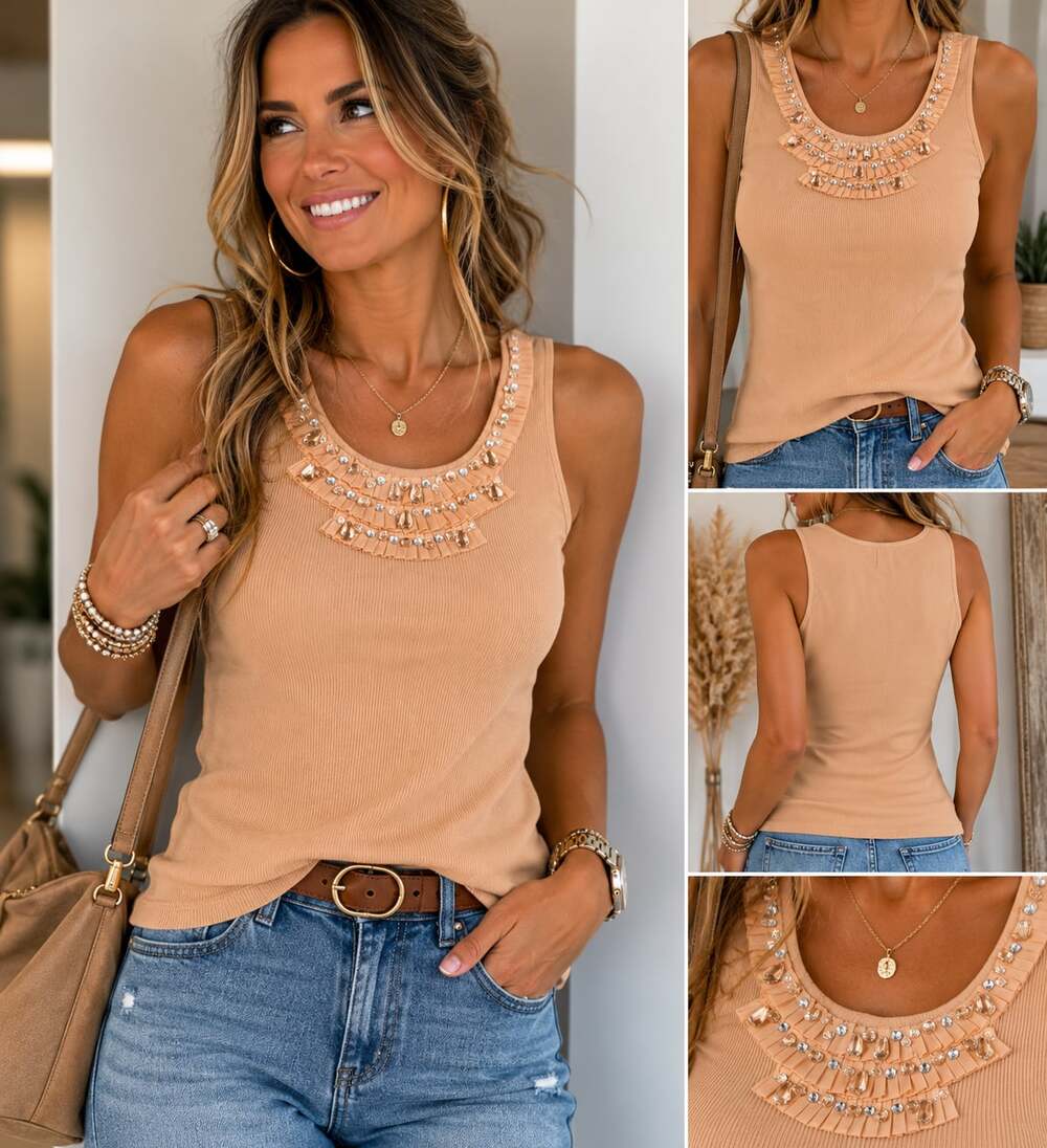 Ruby Rd. Petite Ribbed Sleeveless Tank Top with Embellished Beaded Neckline